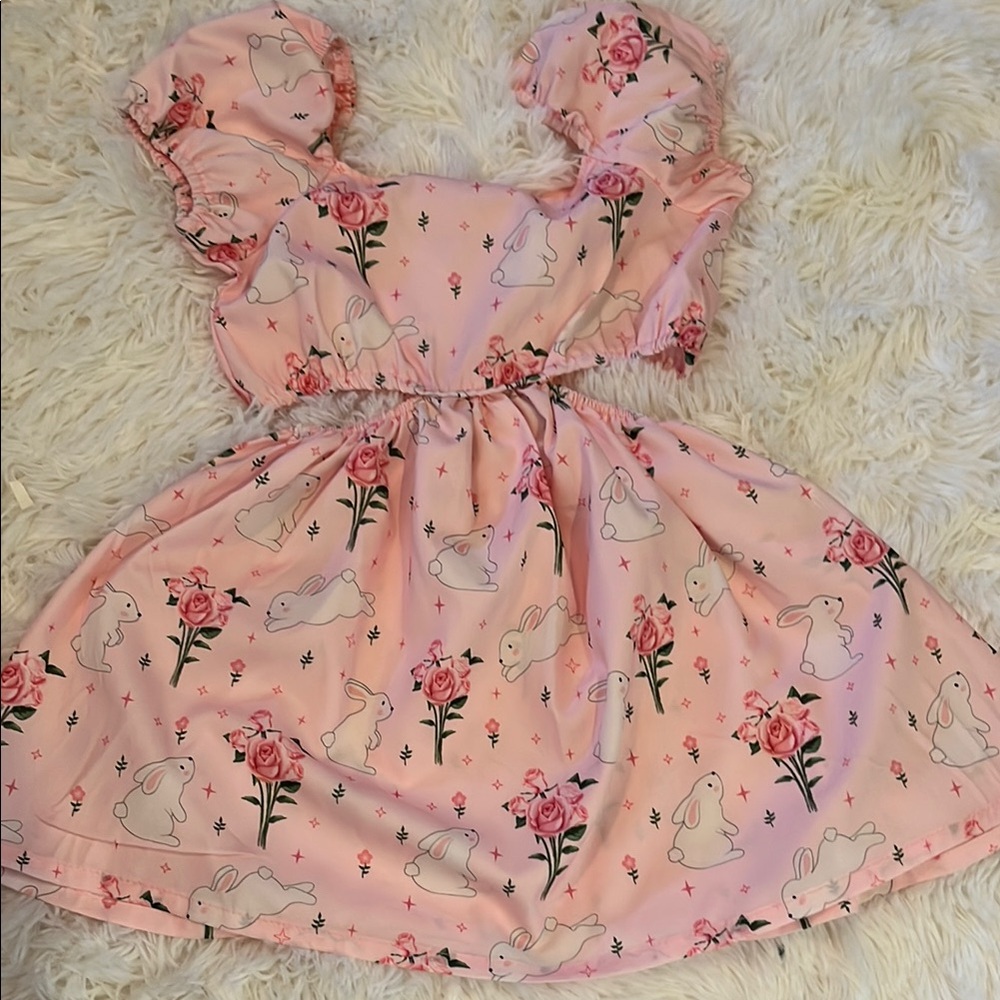 SHEIN Pink Bunny Tiered Cutout Sundress with Square Neck